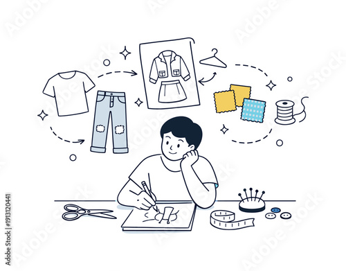 Fashion Redesign Sketch. Creative clothing redesign. Editorial scene of a person sketching or planning a redesigned outfit from old clothes, simple design