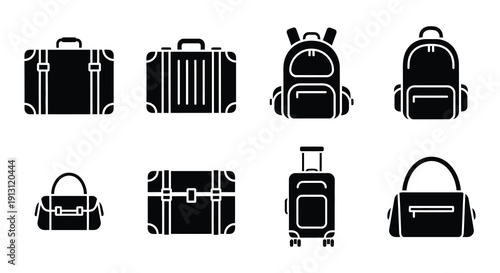 Collection of black suitcase icons in various styles and sizes