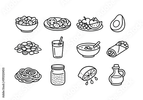 Raw food and no-cook recipes. Line icon set of raw food and no-cook recipes: fresh salad bowl, sliced vegetables, raw fruit plate, avocado