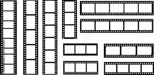 Old cinema film strip vector illustration, black and white movie tape border, retro video photography frame design, isolated collection