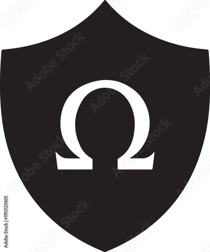 Shield icon with omega symbol on white background for protection and strength concepts
