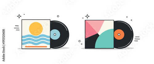 Retro Vinyl Aesthetic. Vinyl sleeves and records set. LP sleeves and black discs positioned side by side in a tidy composition, symbolizing analog listening