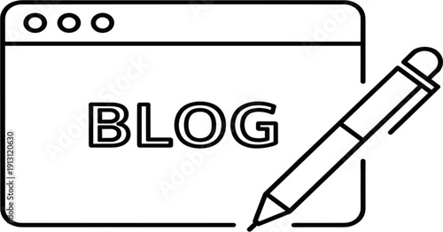 Blog Writing and Content Creation Outline Icon with Website Window and Pen Representing Blogging, Online Publishing, Copywriting, and Digital Marketing Concept for Web and Media Designs