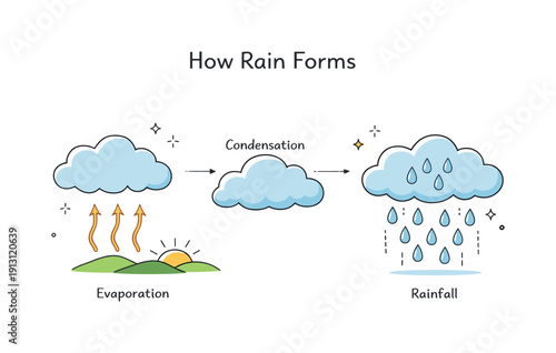 Simple rain explanation. A child-friendly diagram showing clouds, arrows, and falling raindrops in a clear sequence. Learning, simplicity,