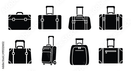 Collection of black suitcase icons in various styles and sizes
