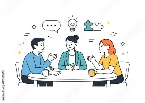 Conflict resolution in the workplace. Two colleagues calmly discussing an issue at a table while a mediator listens. The scene conveys