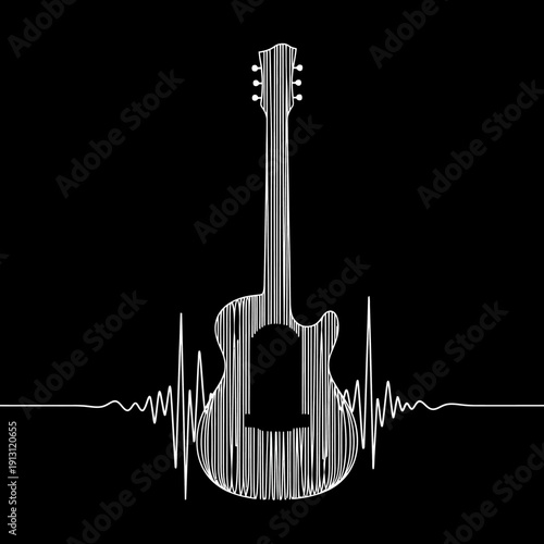 Abstract Guitar Silhouette with Sound Wave Pulse on Black Background