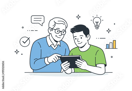 Mentorship at the workplace. Older mentor and younger employee reviewing information on a tablet, calm guidance and trust. Friendly