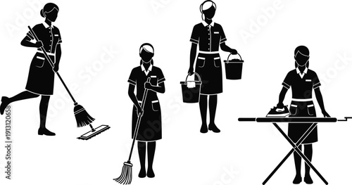Professional Housekeeper Silhouettes Set Featuring Cleaning Staff with Mop, Broom, Bucket and Ironing Board Vector Illustration Collection