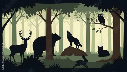 Forest wildlife scene with deer, bear, wolf, birds, and trees in a serene natural setting viewed from a distance
