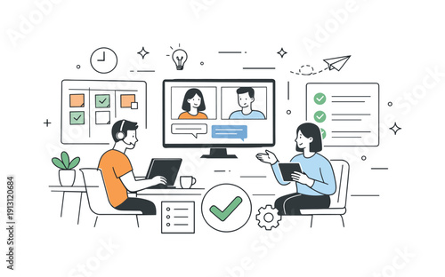 Productive digital workspace. A calm home office scene with multiple users collaborating through screens, task boards and checkmarks nearby.