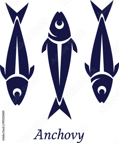 Three stylized navy blue anchovy fish vector illustration, minimalist seafood icon, marine life design, clean white background, elegant aquatic symbol
