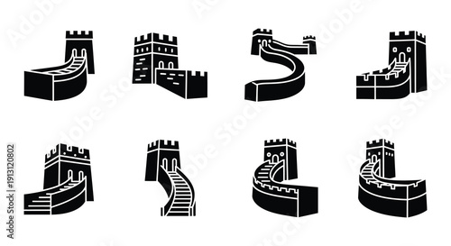 Black and white icons depicting various sections of the great wall