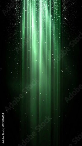 Abstract Emerald Green Light Streaks on Black Background with Glittering Particles