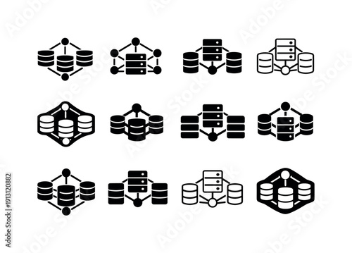 Data Center Logos. Data center operations. Icon set. Set Logo of Data center operations: network nodes linking multiple servers. harmonious logo variations of
