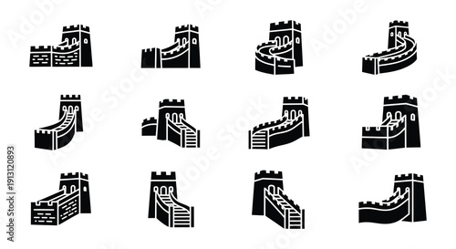 Black and white icons depicting various sections of the great wall