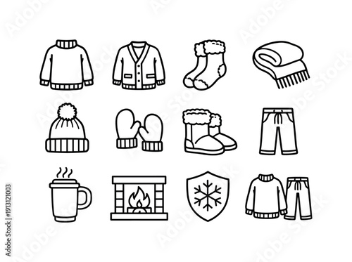Cozy Winter Icons. Cozy Winter Wear. Line icon set of Cozy Winter Wear: oversized sweater, knit cardigan, fuzzy socks, wool blanket scarf, pompom hat, mittens