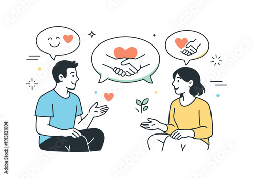 Improving personal relationships. Two people having a calm conversation with open body language, gentle speech bubbles and heart icons