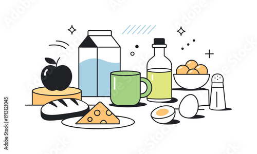 Geometric kitchen still life. Everyday food items arranged in precise geometric balance, quiet and modern editorial scene. Abstract shapes