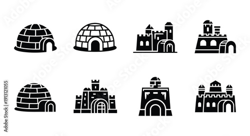 Collection of monochrome icons depicting various architectural structures
