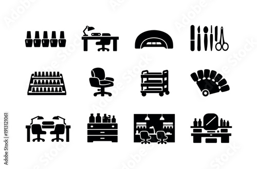 Nail Salon Icons. nail salon setup. Solid icon set of nail salon setup: polish bottles row, manicure table, UV lamp, nail tools, polish rack, salon chair,