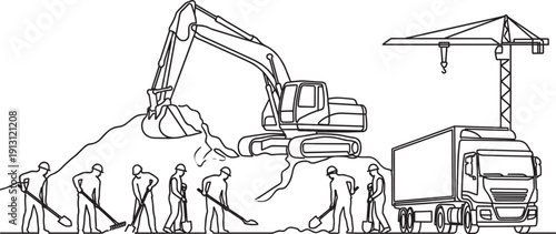 Construction site machinery outline set, excavator crane truck workers black vector illustration collection