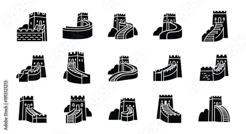 Black and white icons depicting various sections of the great wall