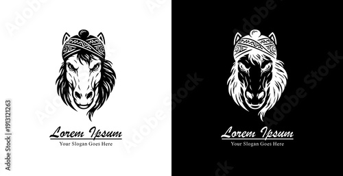 Logo design in the shape of a horse's head wearing a blangkon