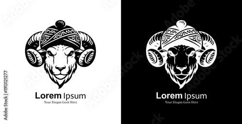 Logo design in the shape of a sheep's head wearing a blangkon
