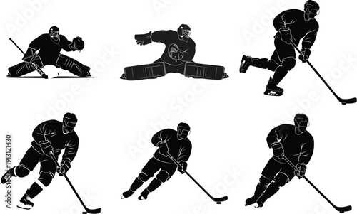 Silhouettes of ice hockey players in various action poses on the rink