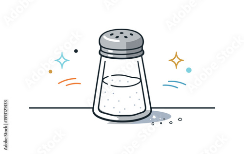 Salt shaker on table. A salt shaker placed on a simple table surface, with a soft shadow underneath and a few grains nearby. The composition