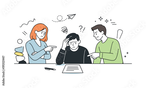 Office Tension Illustrated. Blame culture dynamics. A calm editorial scene showing coworkers pointing at a document while tension is subtly visible in their