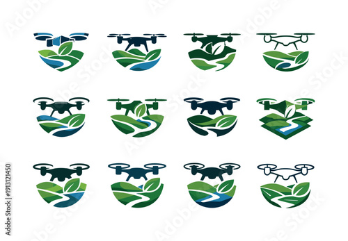 Drones used for environmental conservation. Icon set. Set Logo of drones used for environmental conservation: drone mapping eco terrain.