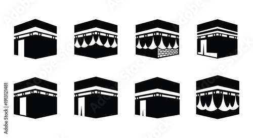 Stylized depictions of the kaaba in various orientations and views