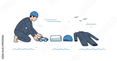 Pre-swim checklist at the shore. A swimmer laying out goggles, cap, towel, and wetsuit neatly on the ground near water. Organization, calm