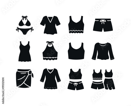    Summer crochet wear. Solid icon set of summer crochet wear: crochet bikini, crochet cover up, crochet crop top, crochet shorts, crochet beach