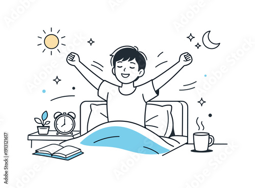 The importance of sleep. A person waking up refreshed with soft morning light and gentle motion lines. The atmosphere feels positive,