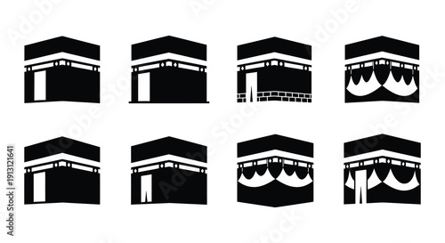 Stylized depictions of the kaaba in various orientations and views