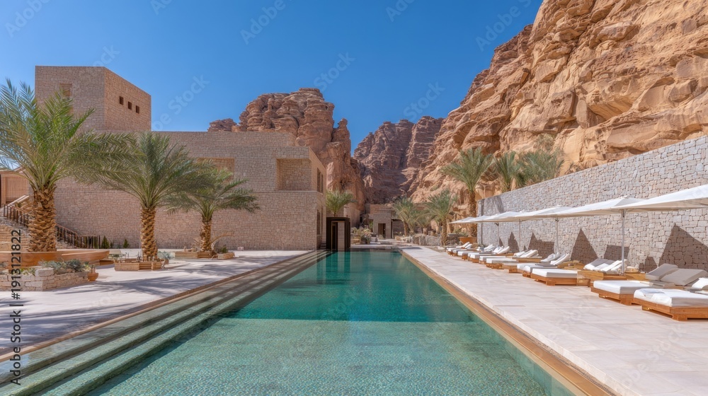 Fototapeta premium Luxury resort pool with buildings and rock formations in sunny daylight