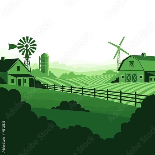 A tranquil rural landscape featuring farmhouses, windmills, and open fields