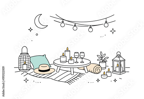 Summer evening decor. Soft outdoor setting with candles, lanterns, and light textiles arranged for a calm summer evening. The scene feels