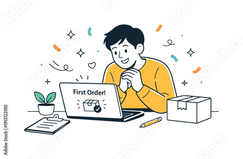 An entrepreneur celebrating the first sale of a new product. A small business owner smiles at a laptop screen showing the first order