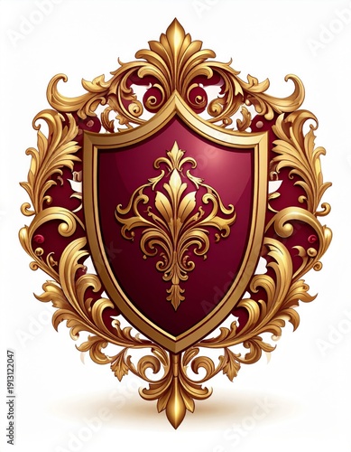 Ornate Golden Filigree Shield with Deep Red Accents on White Background