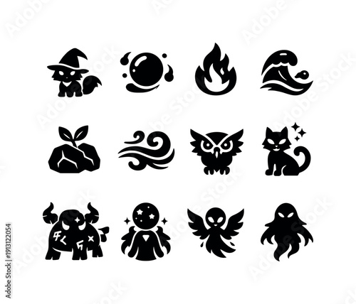 magical beings. Solid icon set of magical beings: wizard familiar, spirit orb, elemental fire, elemental water, elemental earth, elemental