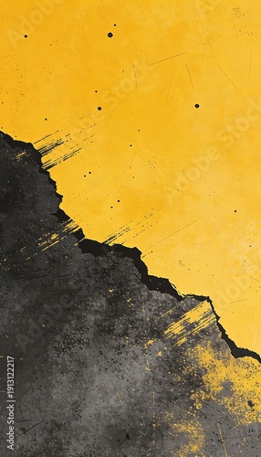abstract black and yellow grunge texture with rough paint edge, industrial distressed background with cracked surface and urban street art style