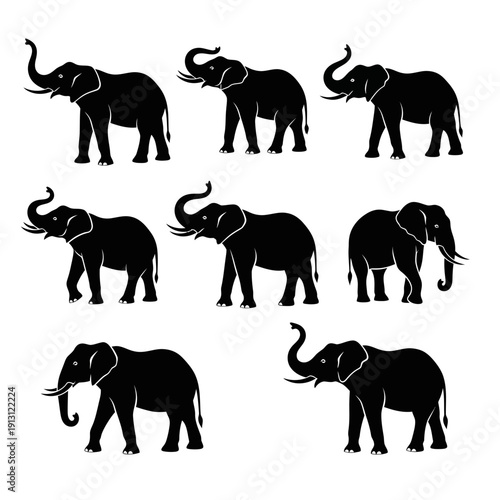Set of Black Elephant Silhouettes in Various Poses.