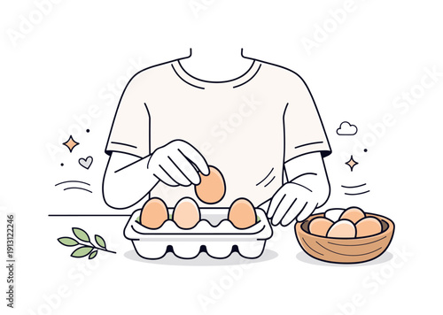    Egg holder ceramic. A person gently placing eggs into a ceramic holder, showing mindful everyday tasks and calm interaction with natural