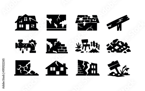 Decay and Abandonment. Solid icon set of Decay and Abandonment: deteriorating house, peeling walls, cracked roof tiles, broken beam, rusted