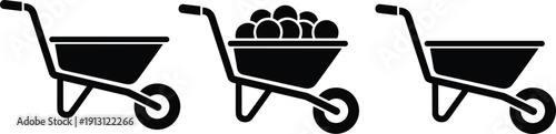 Wheelbarrow Silhouettes Showing Empty and Loaded Construction Garden Carts Vector Illustration Isolated on White Background Collection
