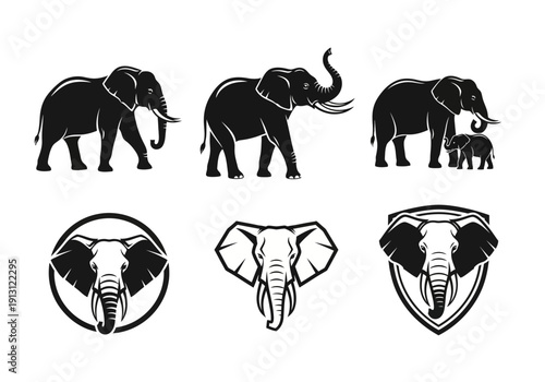 Set of Elephant Icons and Silhouettes.